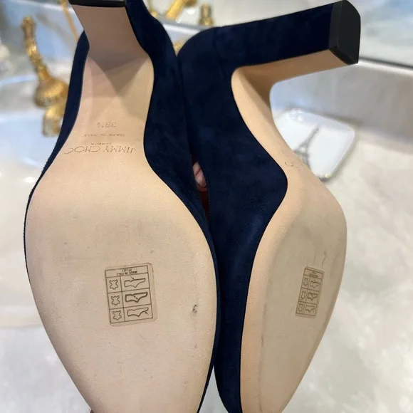 Jimmy Choo Navy Suede Chunky Heel Pumps, Like New, Sz 39 1/2 - Picture 7 of 13